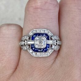 0.50ct Asscher Cut Diamond And Sapphire Halo And Diamond Halo Engagement Ring 13791-F2
