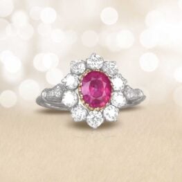 Ruby and Diamond Cluster Platinum Ring Artistic Top View